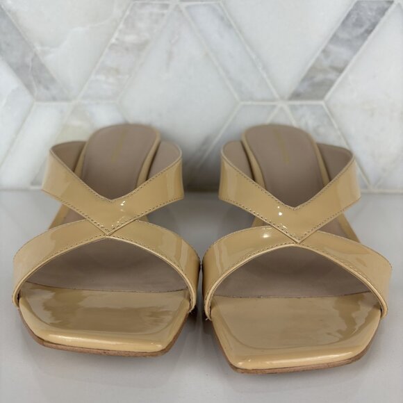 7.5 Patent Cork Wedge Heel Sandal Square Toe Criss Cross Strap Tan Leather Miami - Picture 3 of 13